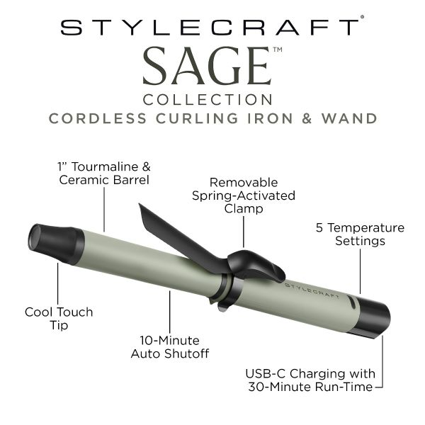 Stylecraft Sage 1” Cordless Spring Curling Iron & Wand with Removable Clamp