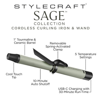 Stylecraft Sage 1” Cordless Spring Curling Iron & Wand with Removable Clamp